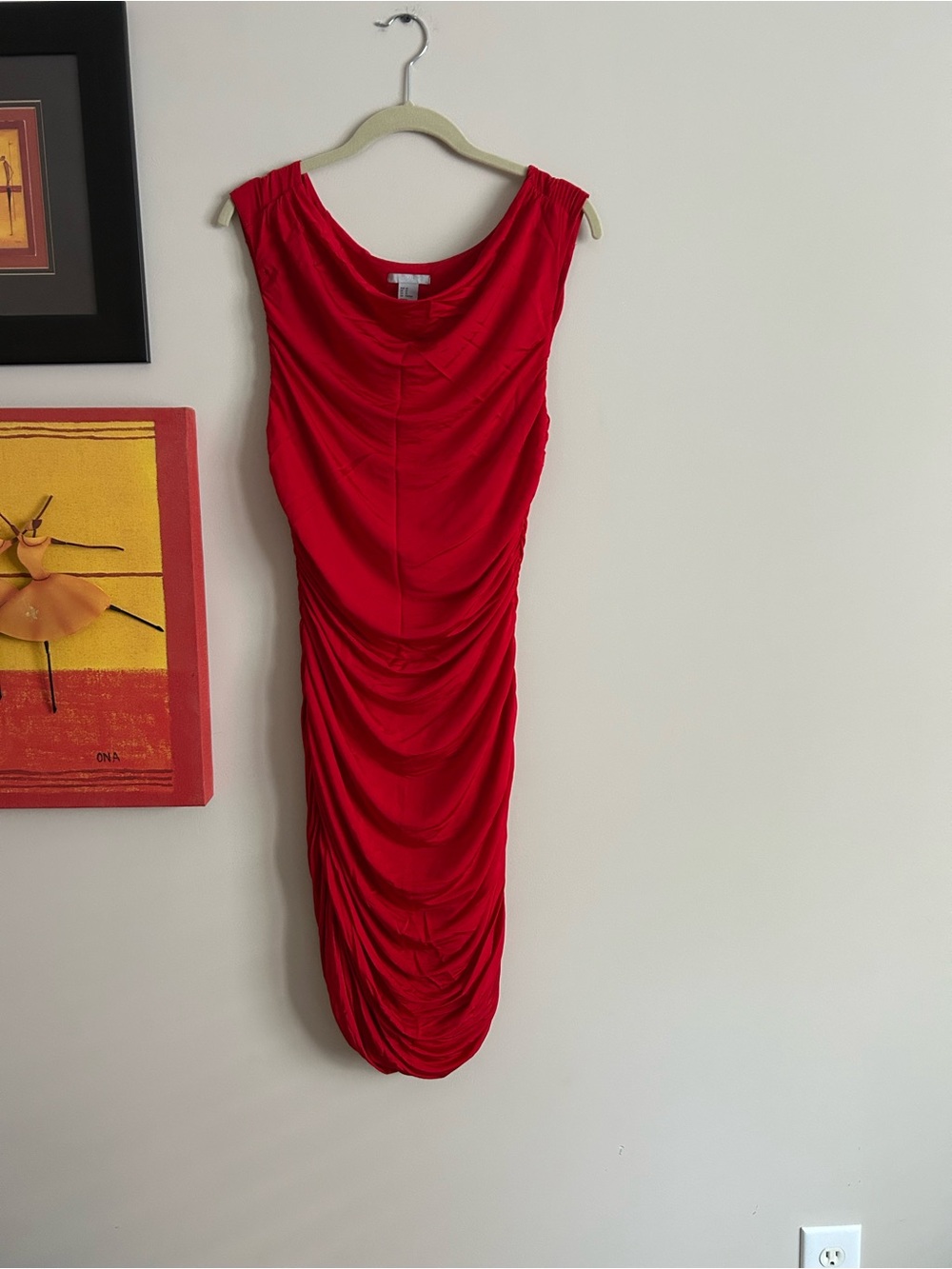 H&M Red Ruched Midi Dress